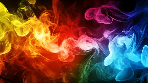 Colorful swirls of luminous smoke in a flowing rainbow dance.