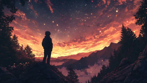 Lone hiker silhouetted beneath blazing starlit sunset sky.