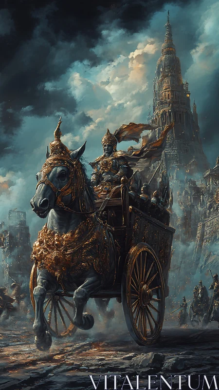 Armored war chariot before towering citadel under storm clouds.
