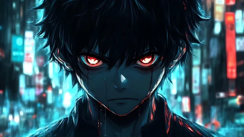 Glowing-eyed vigilante glares against neon-drenched cityscape.