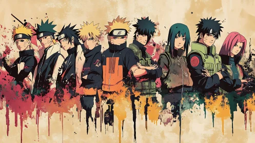 Anime ninja lineup with splattered watercolor gradients.