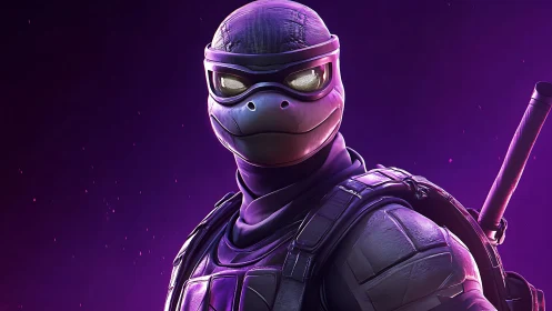 Midnight turtle vigilante stares down neon city shadows