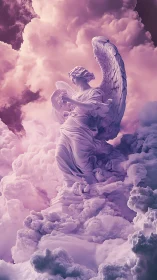 Winged marble figure stands amid dense rose-tinted clouds