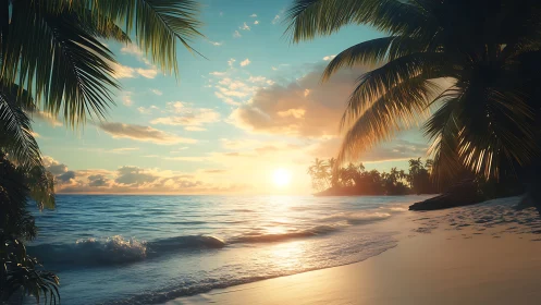 Tropical shoreline sunset with palm silhouettes and soft surf