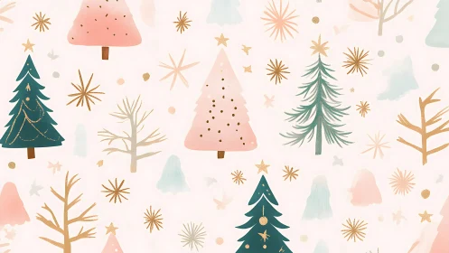 Stylized pastel Christmas trees repeat in flat digital pattern