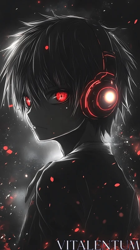 Monochrome anime boy with red luminous headphones and eyes