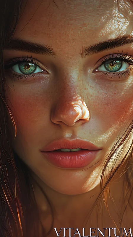 Hyperreal close-up portrait reveals freckled skin microtexture and rim-lit irises