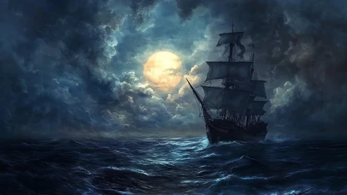 Sailing ship on nocturnal sea under full moonlit sky.