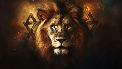 Digital painting of leonine portrait with geometric sigils.