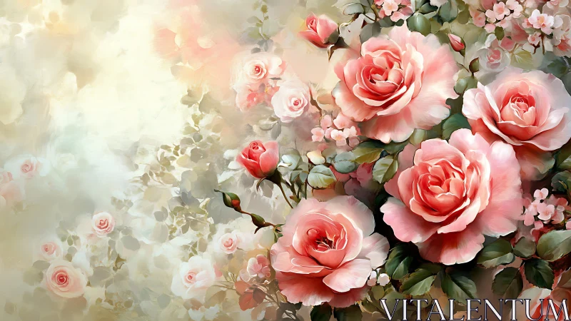 Romantic floral composition renders volumetric roses with soft diffusion and atmospheric perspective