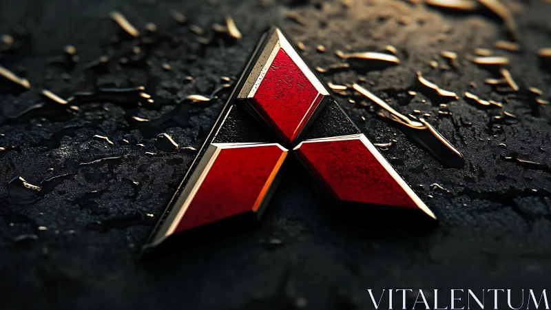 Red triangular emblem gleams on wet metallic surface.