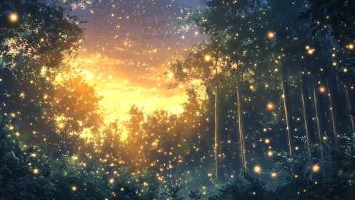 Luminescent forest canopy with golden particle light effects