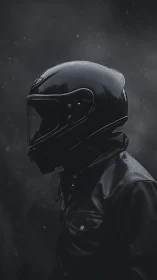 Monochrome rider profile in cinematic low-key portrait lighting.