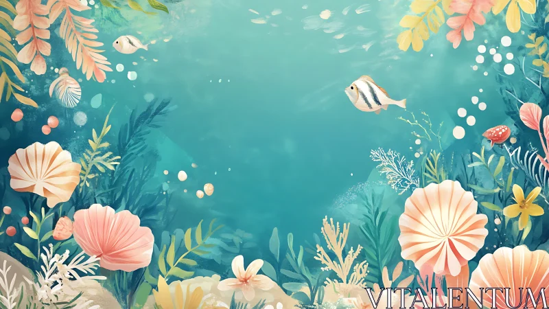 Whimsical coral reef scene with pastel tropical fish.