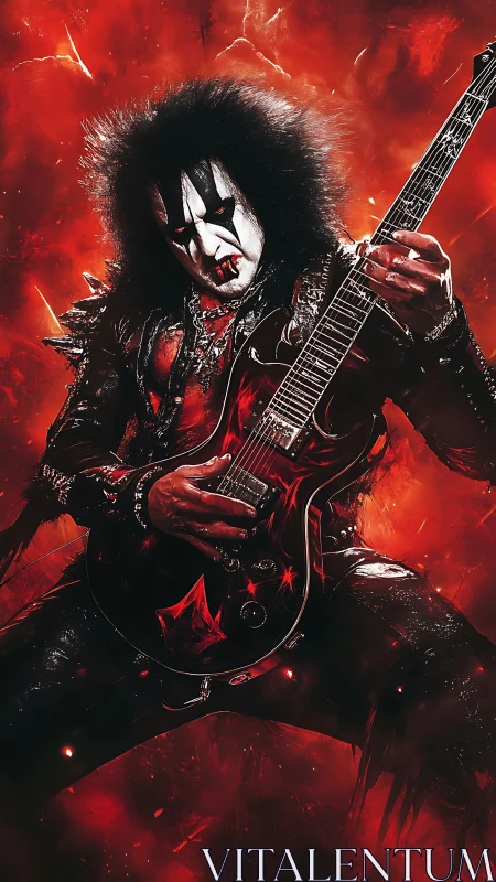 Corpse-painted metal guitarist shredding in molten reds.