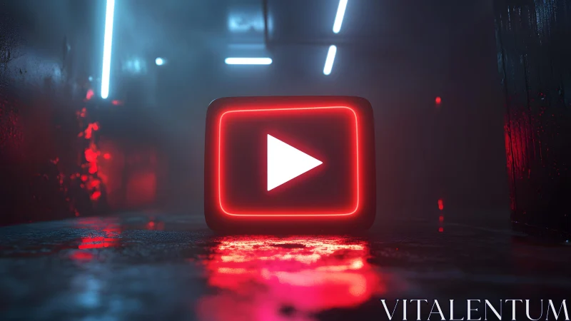 Neon YouTube Play Button in Futuristic Dark Tunnel Scene.