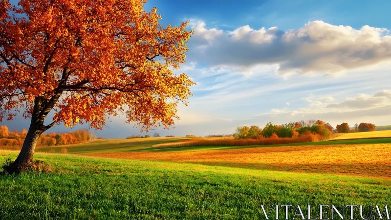 Autumn tree overlooking bright fields under blue sky.