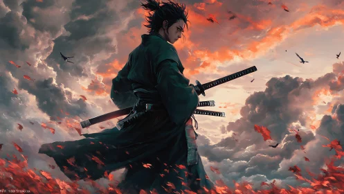 Stormlit ronin with triple katana amid turbulent scarlet clouds.