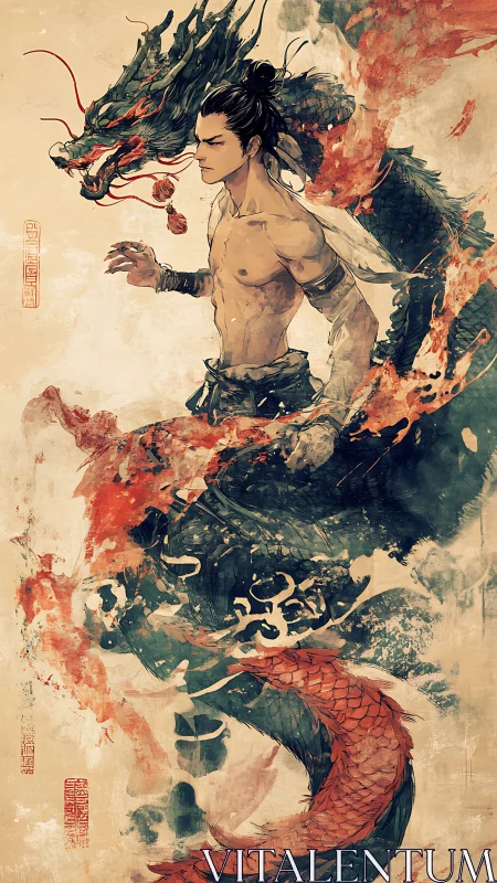 Shirtless warrior stands with coiling dragon and koi spirit