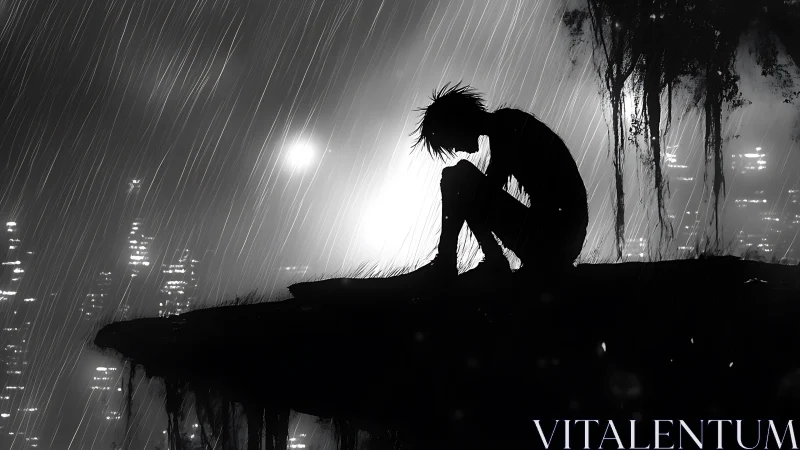 Silhouetted figure on cliff in heavy city rainfall.