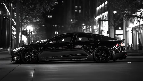 Sleek black electric sedan glides through moody city night.