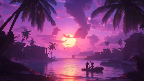 Tropical bay sunset with palm silhouettes and small boat.