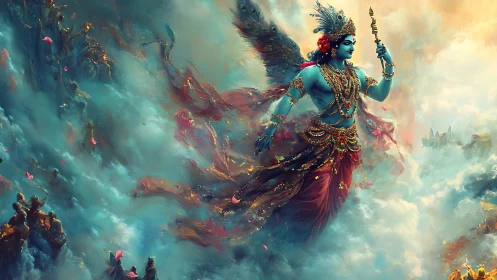 Celestial blue deity soars through luminous storm clouds