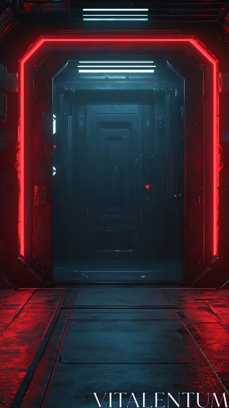 Neon corridor doorway into a mysterious sci fi chamber.