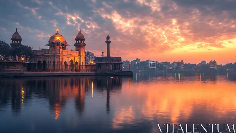 Golden riverside temple glows softly under a peaceful sunrise