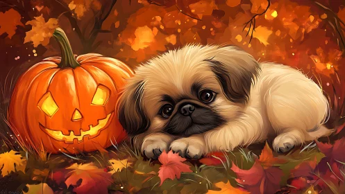 Cozy puppy curls beside a glowing jack-o’-lantern friend.