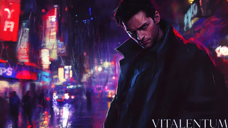 Brooding nightwalker under neon rain in restless cityscape.