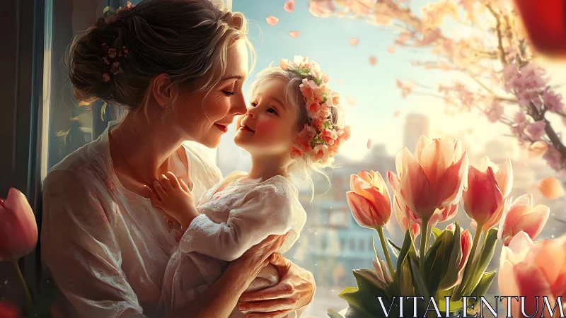 Woman and child with flowers near window.