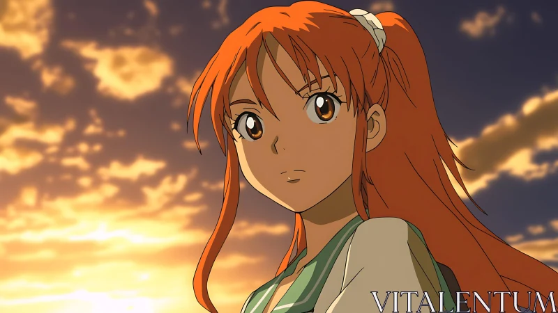 Sunset-lit anime girl gazes over glowing cloud horizon.