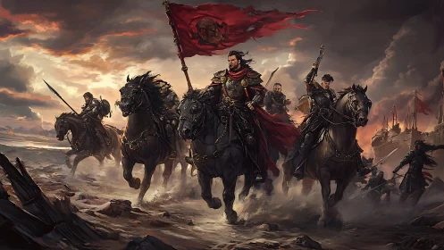 Storm-swept cavalry charge with crimson war banner unfurled.
