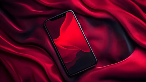 Modern smartphone on luxurious red silk fabric, vibrant and sleek.