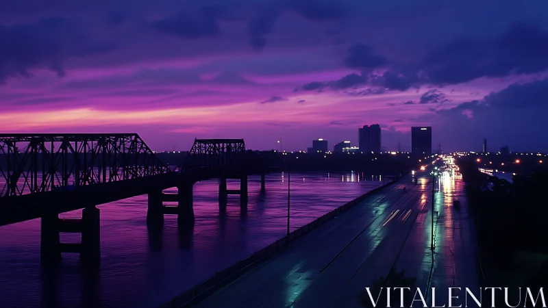 Purple river sunset with glowing city bridge and lights.