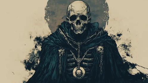 Hooded skeletal figure in dark cloak with pendant medallion.