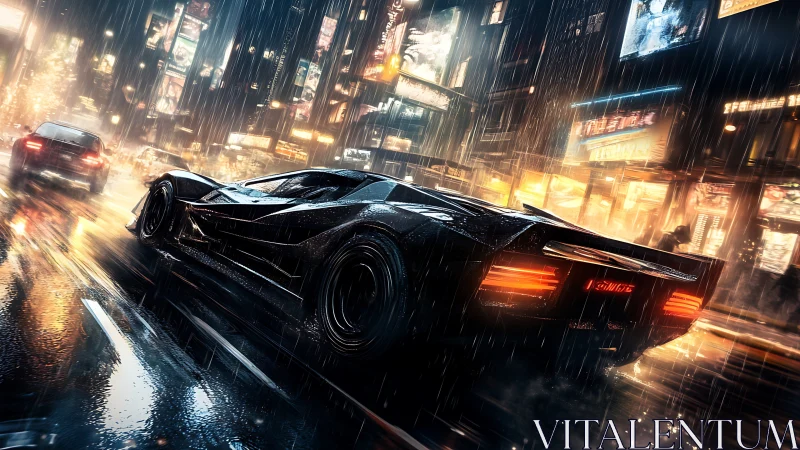 Midnight hypercar hunts neon reflections through stormed streets.