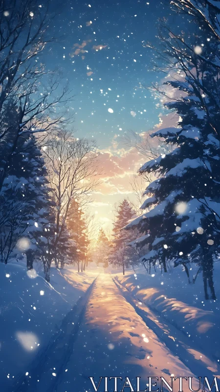 Snow covered forest path under sunset sky with snowfall.