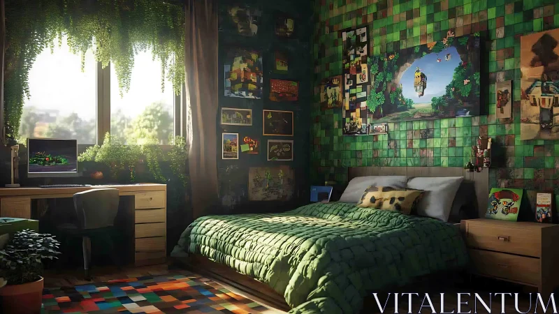 Cozy gamer bedroom with green decor and natural light.