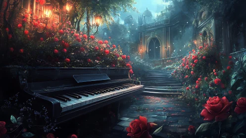 Grand piano amid roses in overgrown mansion garden.