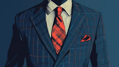 Sharp navy plaid suit with bold red tie illustration focus.