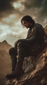 Stormlit vigil of a lone warrior on the cliff’s edge.