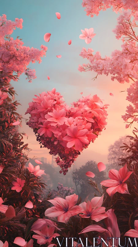 Floral Heart Formation with Pink Petals Suspended in Surreal Gradient Sky