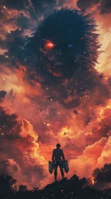 Silhouetted figure observes colossal fiery entity in clouds