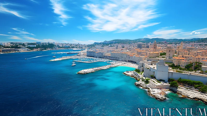Aerial coastal panorama captures Mediterranean harbor and skyline