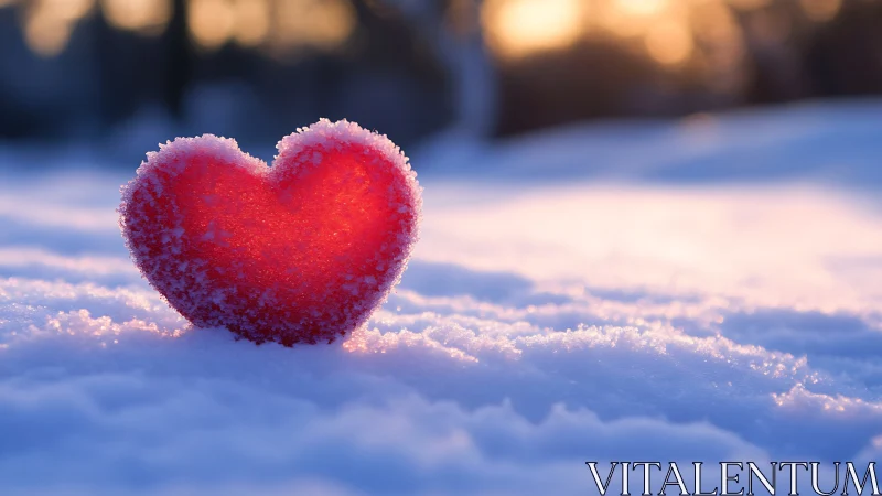 Red heart-shaped object coated in frost on snowy terrain