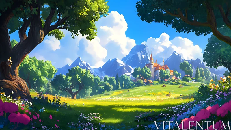 Castle landscape stands in sunlit valley beneath mountains