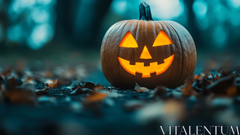 Carved jack-o-lantern sits illuminated on leaf-covered ground