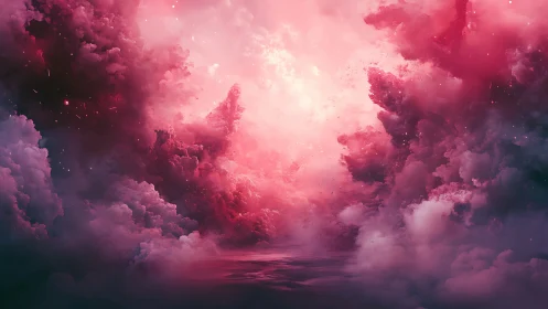 Crimson nebula clouds engulf glowing celestial horizon.